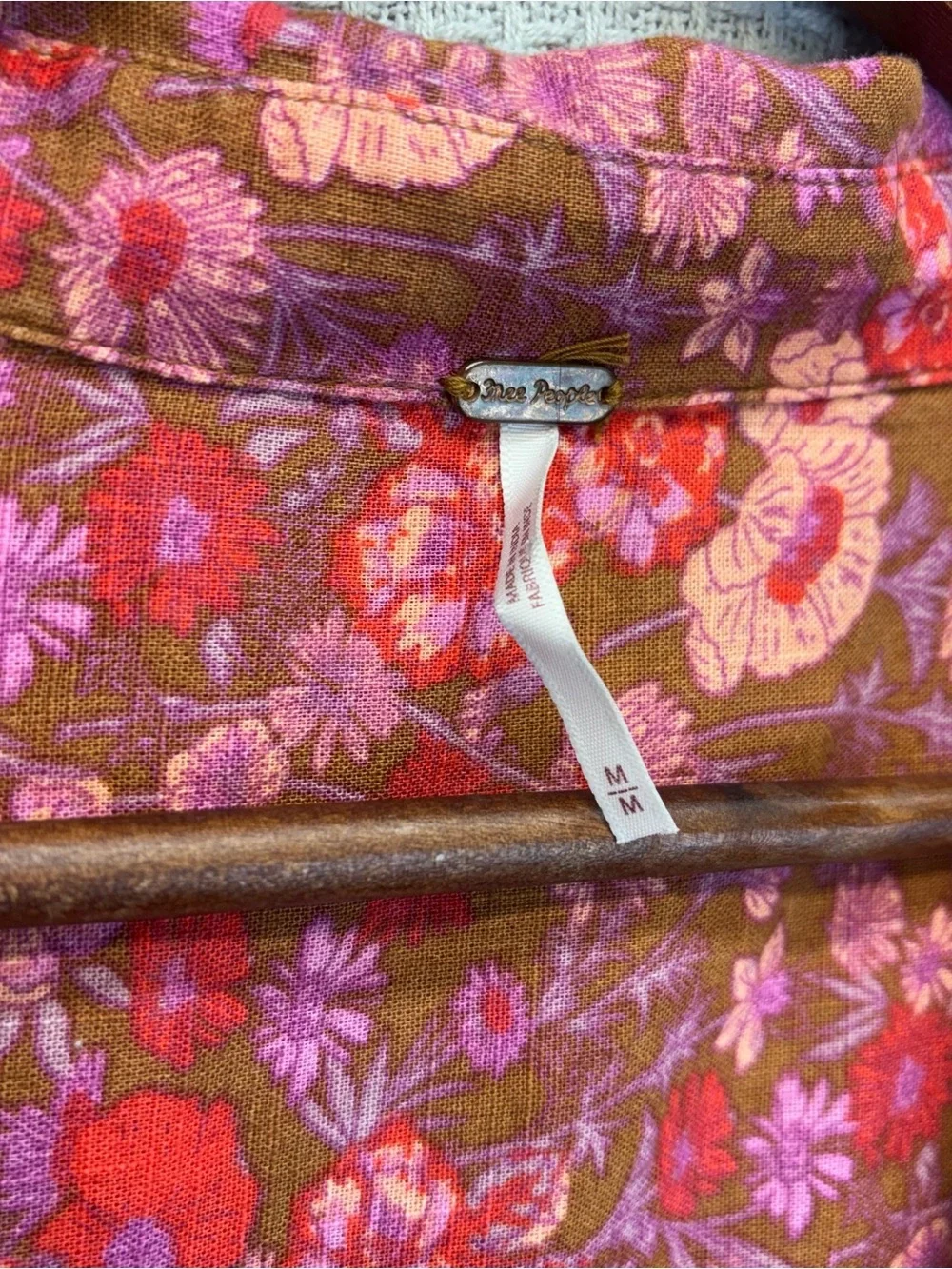 Free People Wild Gardenia Pink Floral Button Up Shirt Med Boho Cotton Ruffles